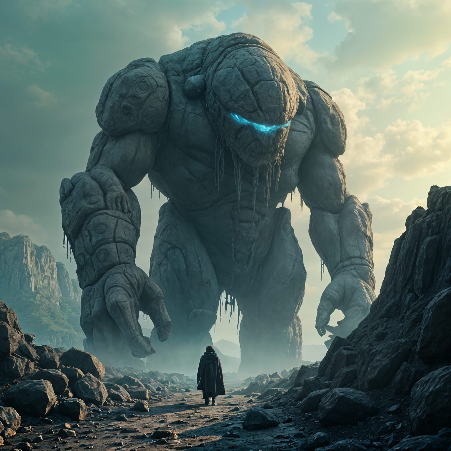 Golem Watches Over Village and Stone Field