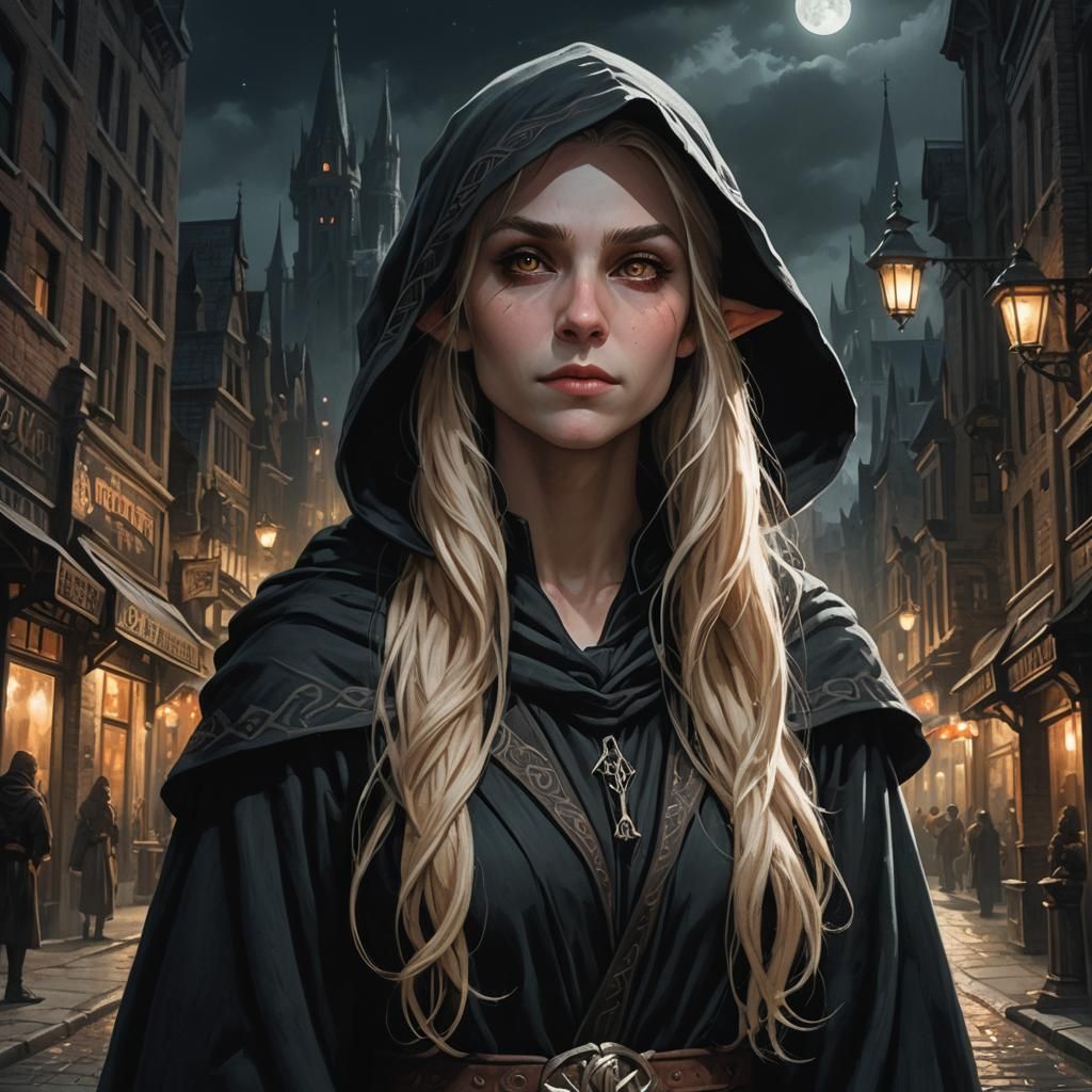 Enigmatic Elf in Shadowy City Street