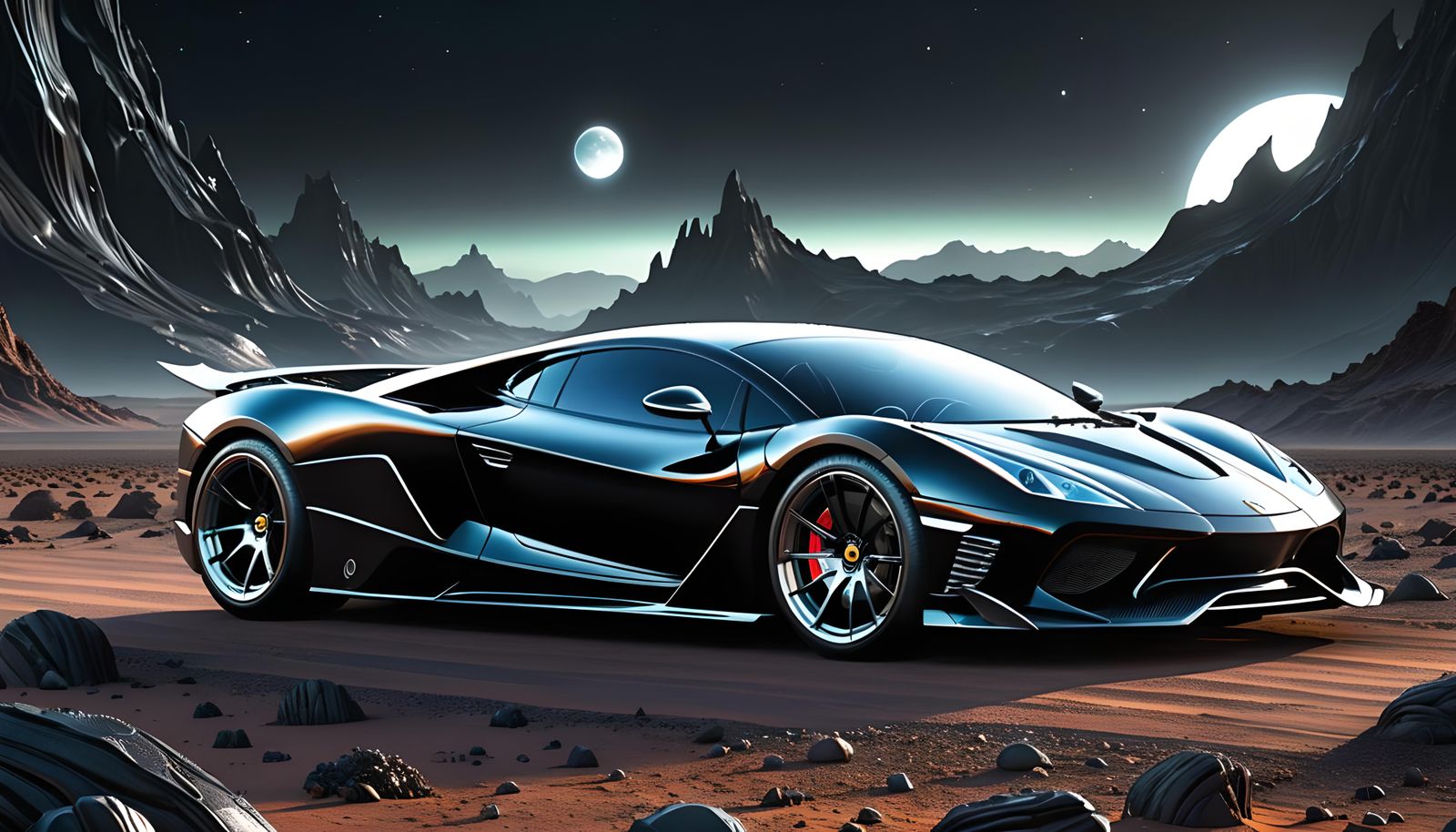 Black Carbon Fiber Supercar on Alien Planet