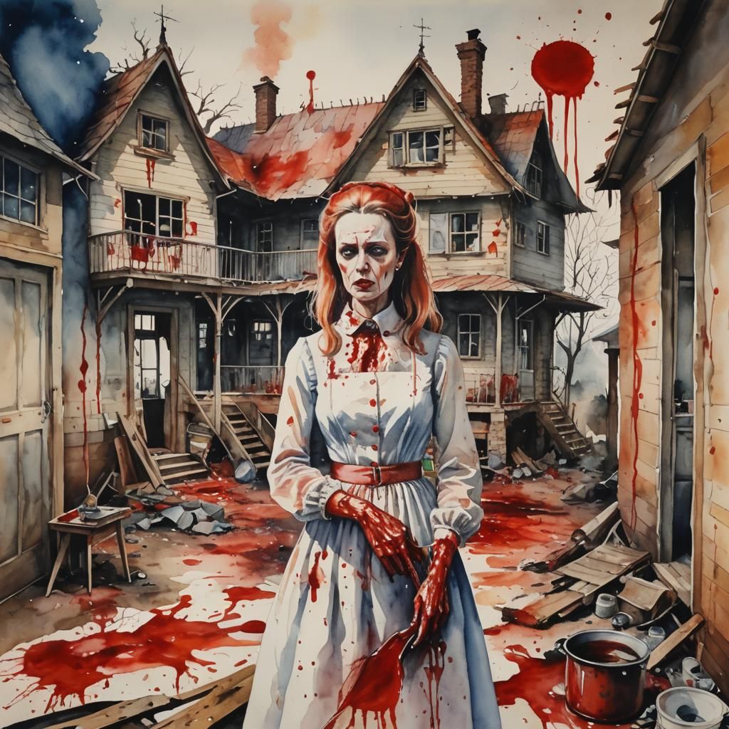 Surreal Watercolor: 1970s Housewife in Bloody Scene