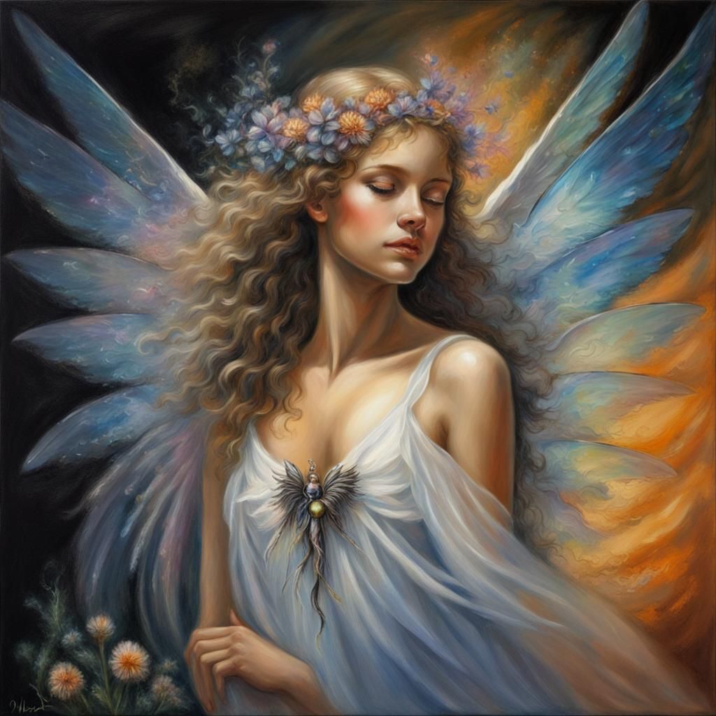 Heavenly Angel on Flower in Surreal Oil Painting