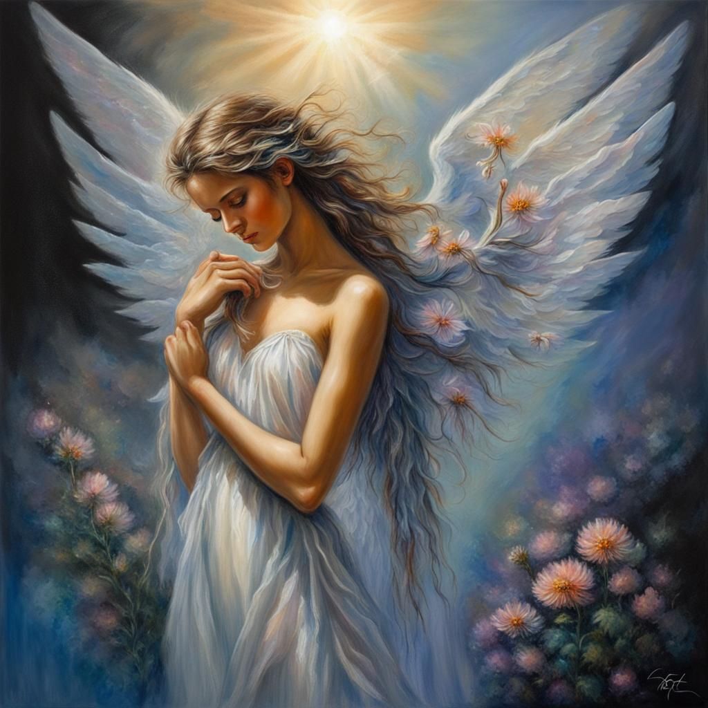 Heavenly Angel with Iridescent Wings, Oil Painting