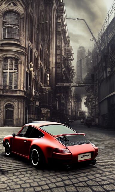 Steampunk Porsche 911 Outside Futuristic Buildings