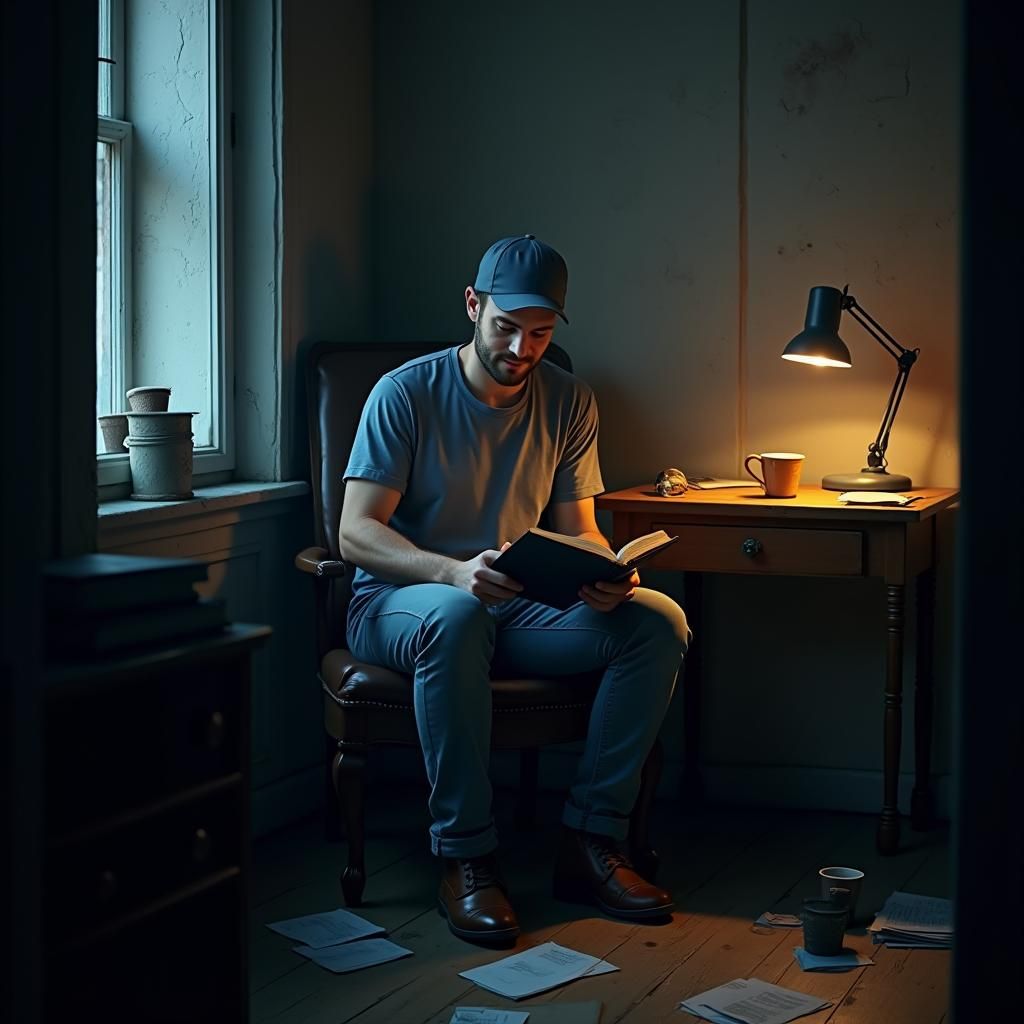Man Reading Book in Gloomy Apartment, Digital Art