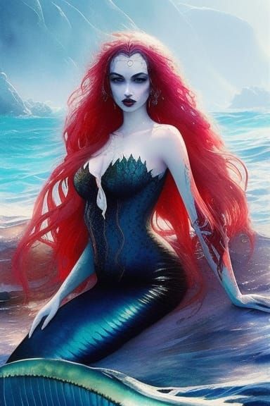 Gothic Mermaid with Red Hair, Fantasy Art