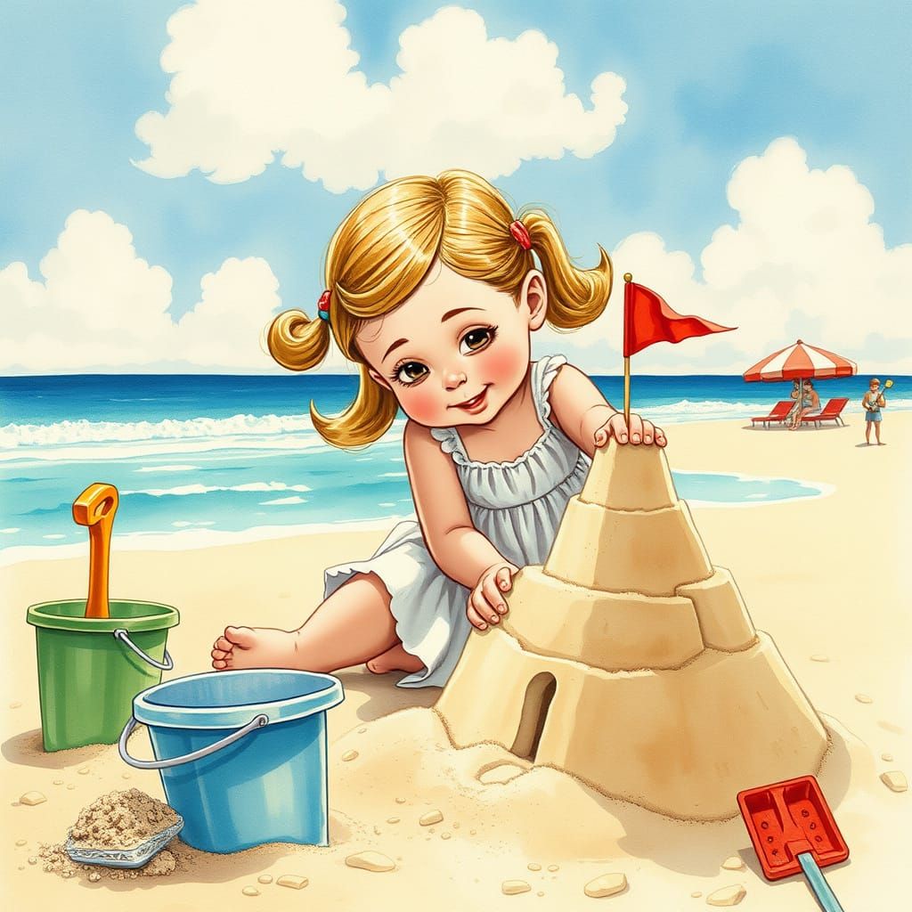 Girl Building Sandcastle on Sunny Beach, Retro Watercolor St...
