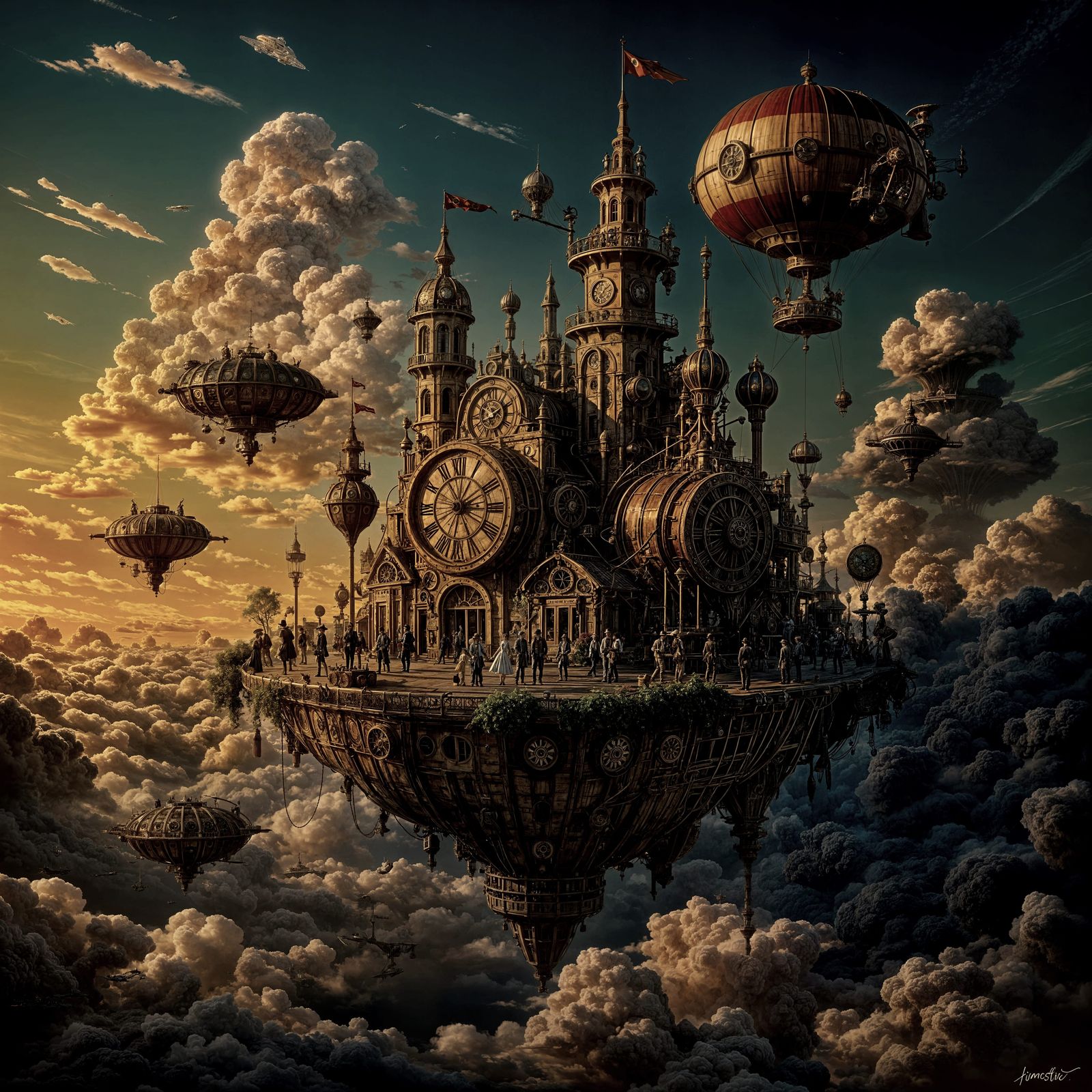 Steampunk Festival on Floating Island in Rockwell Style
