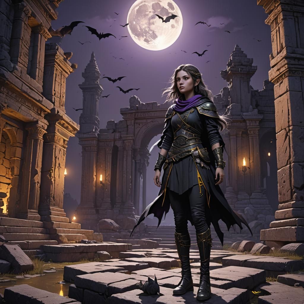 Dark Fantasy Girl in Temple Ruins by Moonlight