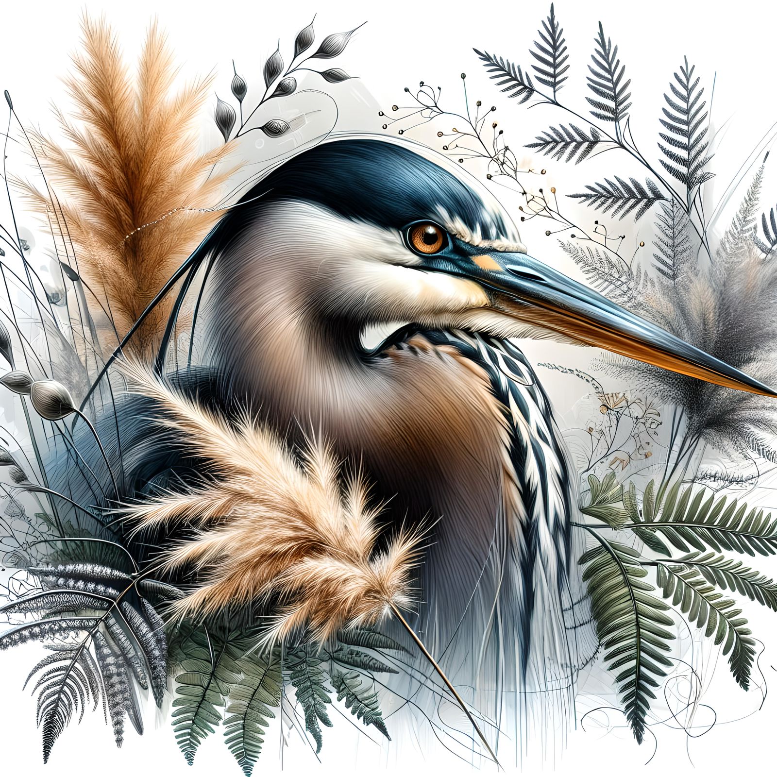 Abstract Blue Heron Sketch with Pampas Grass