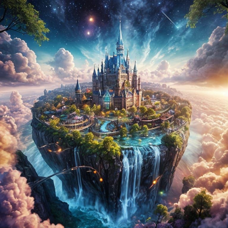 Elven City in Clouds with Waterfall