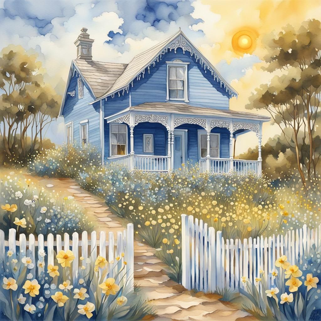 cottagecore, cozy aeaside cottage, blue wooden slats outside, white ornate Victorian trim and white wooden porch, path t...