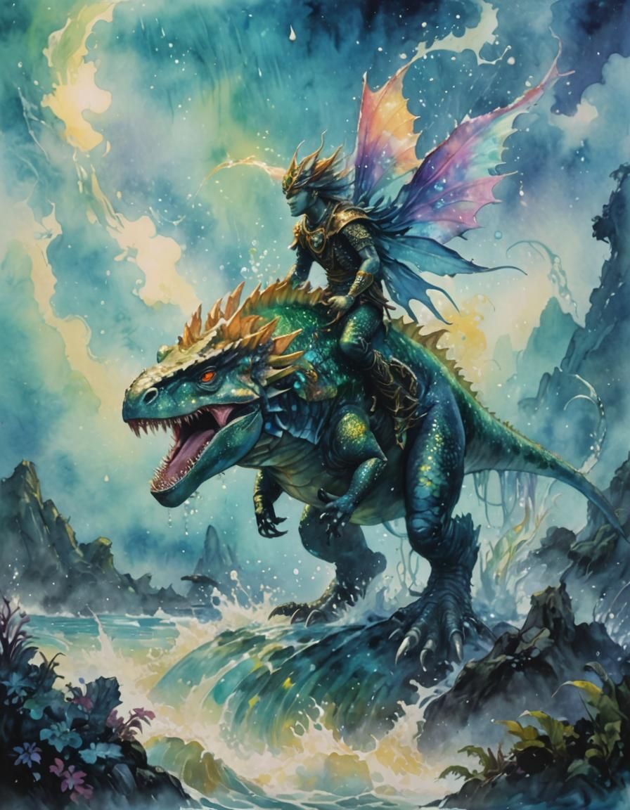 Merfolk Ride Water Dinosaur: Neo-Expressionist Watercolor