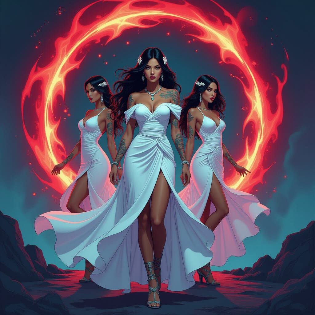 Celestial Goddesses with Bioluminescent Tattoos in Cyberpunk...