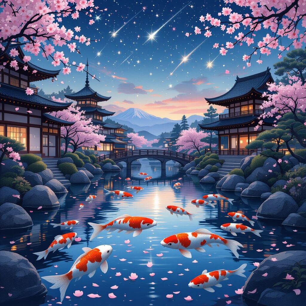 Japanese Garden Twilight with Koi and Shooting Stars