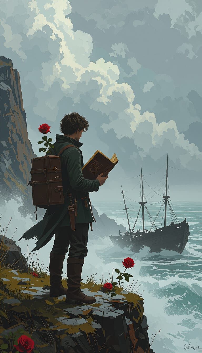 Dramatic Cliffside Scene with Rose, Book and Shipwreck