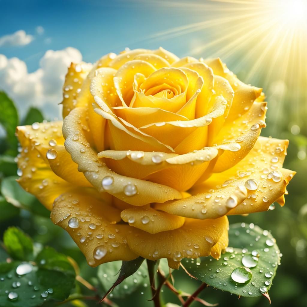 Yellow Rose with Water Droplets in Divine Light