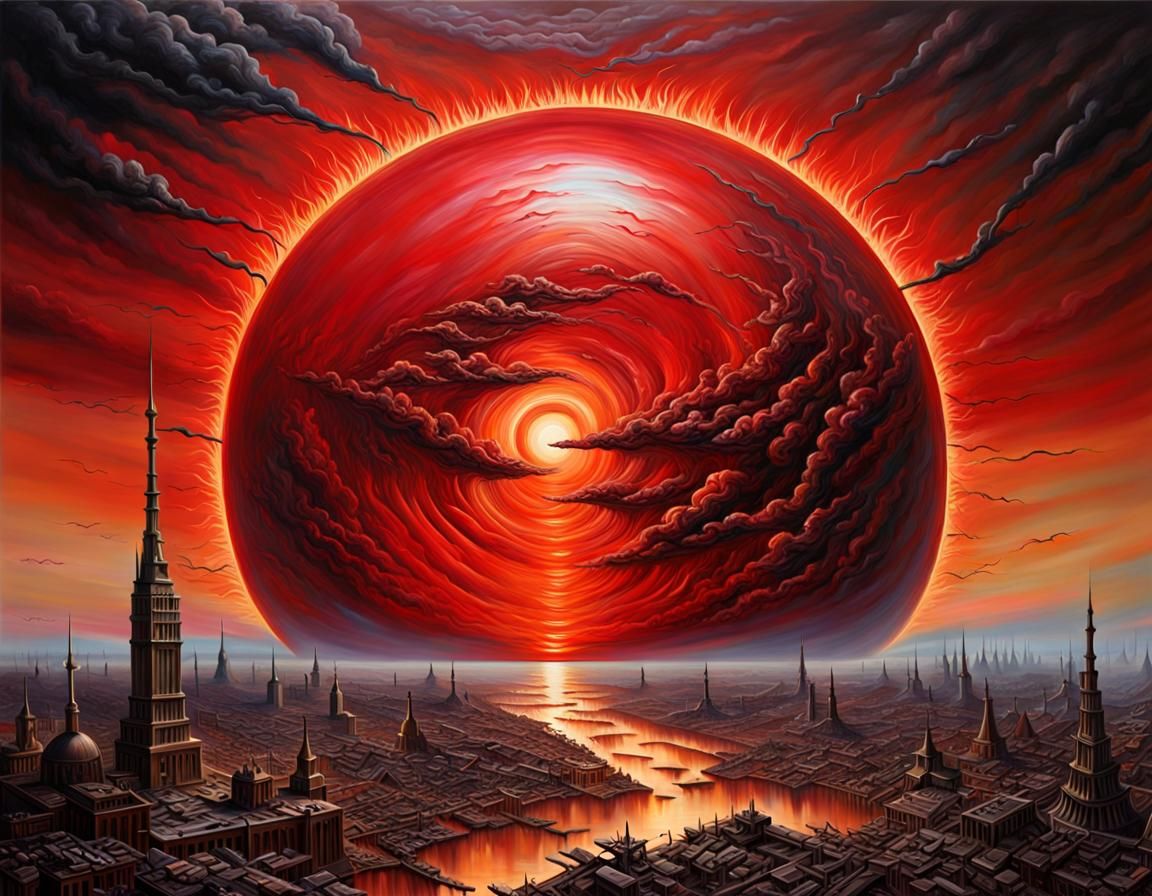 Apocalyptic Red Sun Over Destroyed Earth Painting