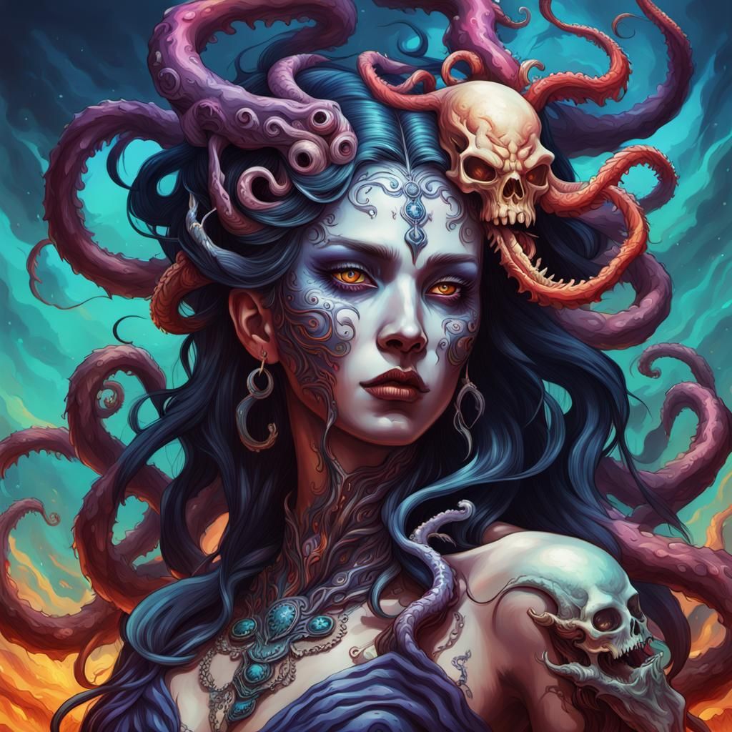 Hyperrealistic Demon Goddess with Tentacles and Body