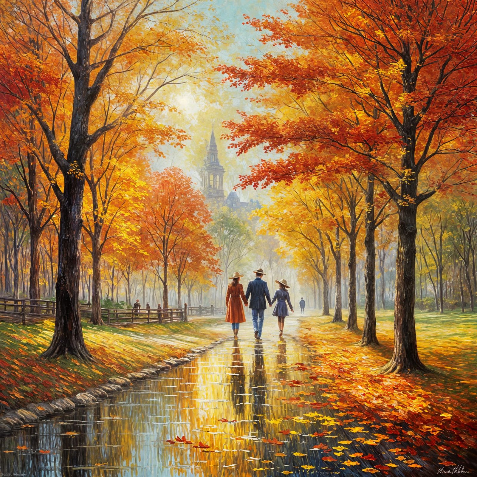 Couple in Autumn Park: Impressionist Oil Painting