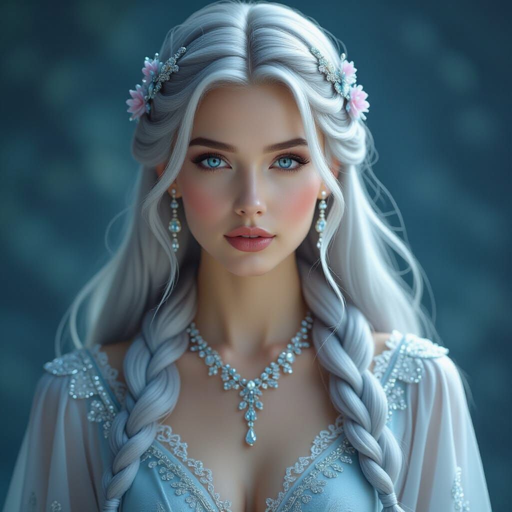 Ethereal Woman with Silver Hair: A Digital Renaissance Portr...