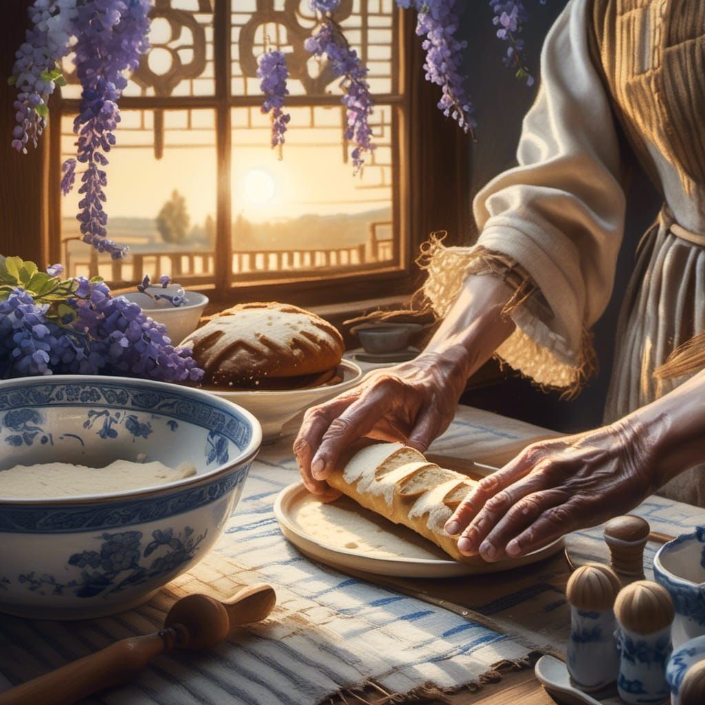 Baroque Still Life: Peasant Rolls Dough, Vermeer Style