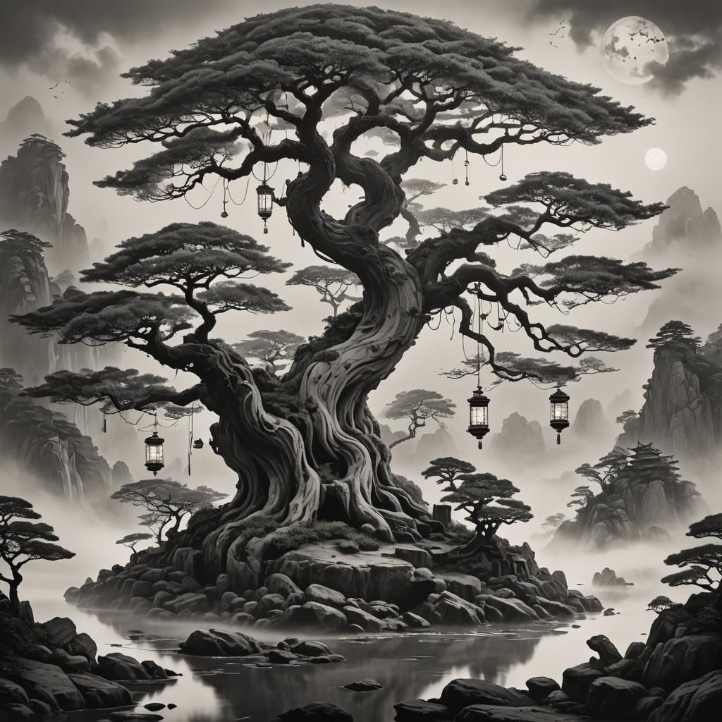 Surreal Bonsai Island in Dreamlike Monochrome Scene