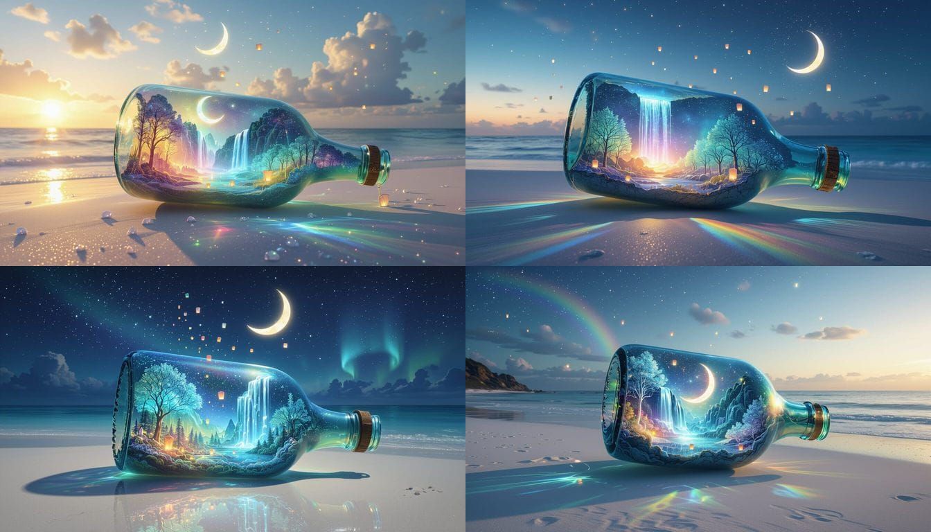 Opalescent Glass Bottle Universe on Beach at Twilight