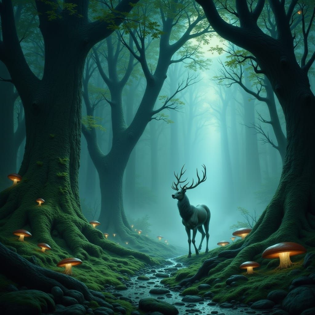 Mystical Forest with Spectral Stag in Dark Fantasy Style