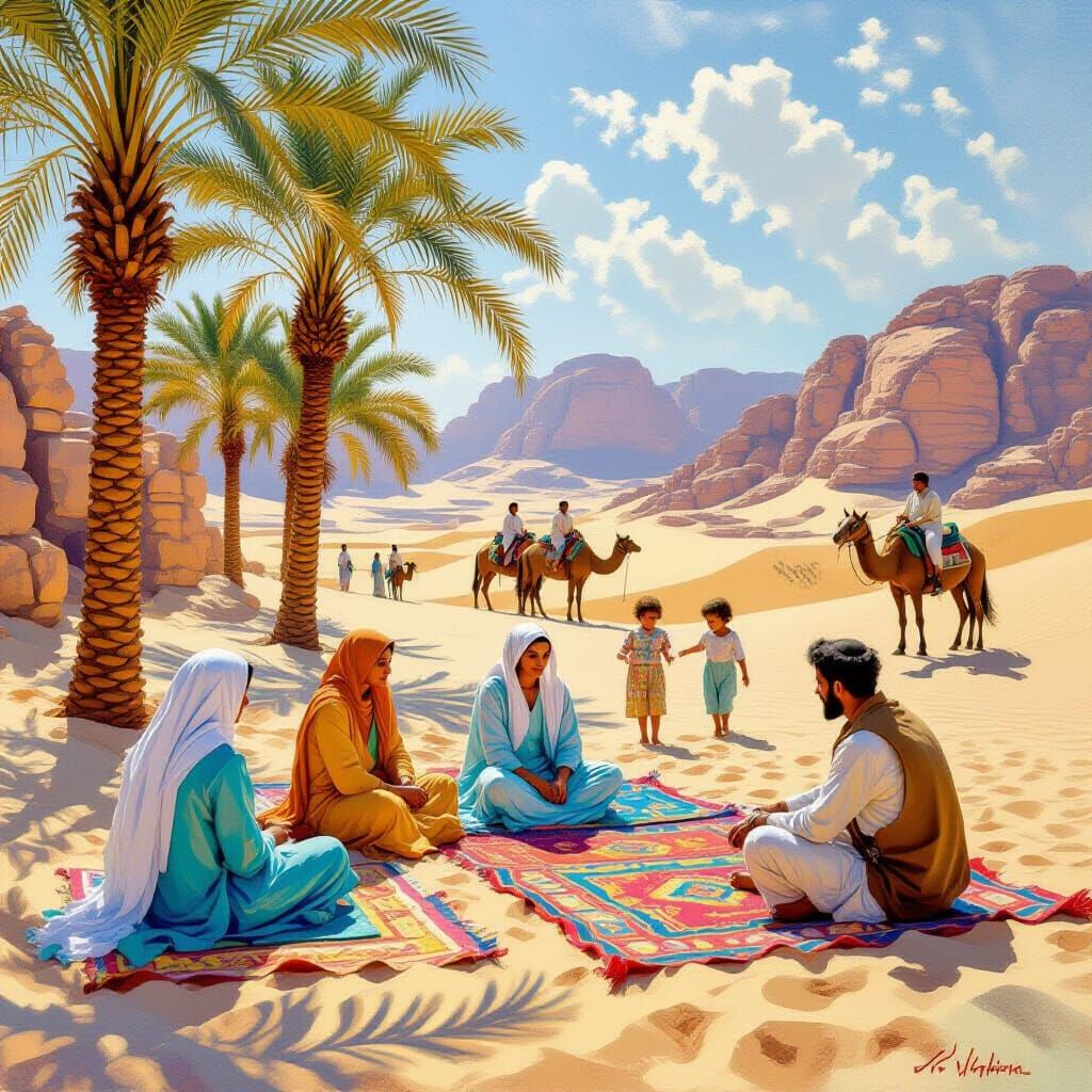 Women in Al Ula with Camels, Colorful Rugs