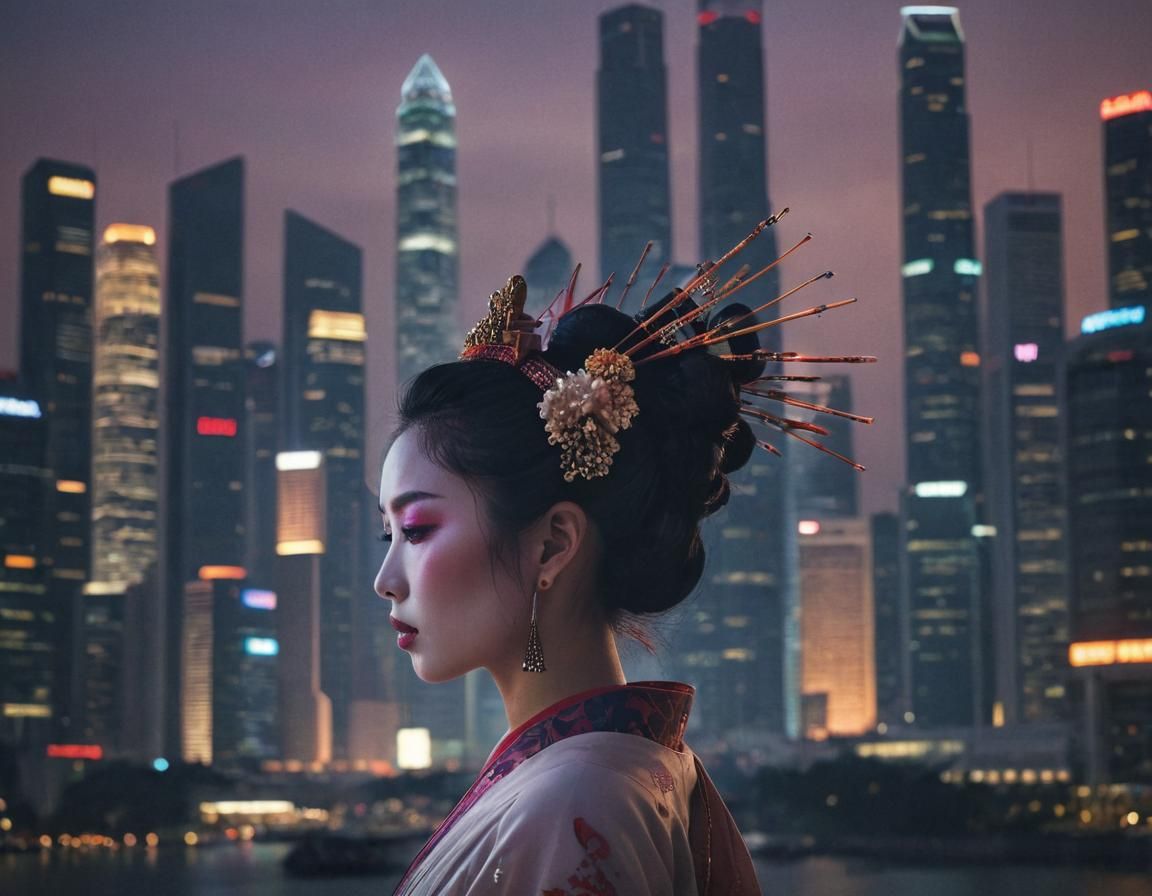 Geisha Silhouette Merged with Singapore Skyline