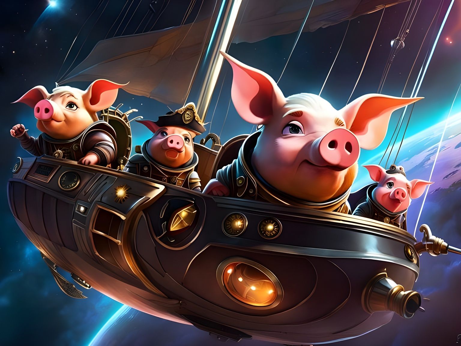 Cyborg Pirate Pigs Sailing Through Space
