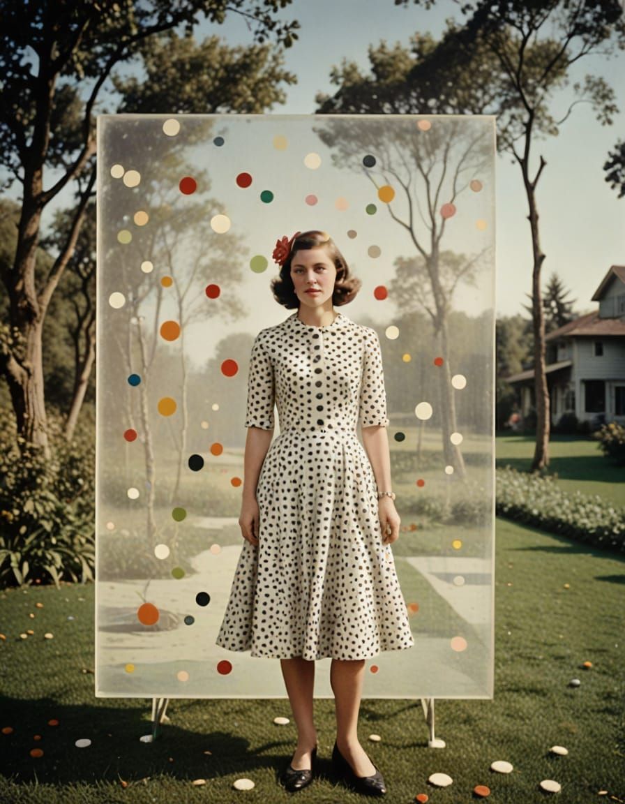 Flo in Polka Dot Dress on Modern Glass Table