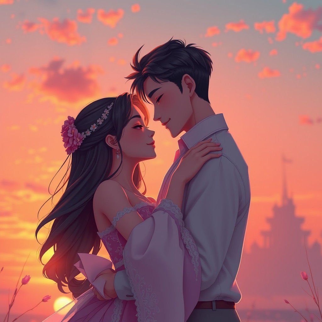 Romantic Couple Embracing at Sunset in 3D Anime Style