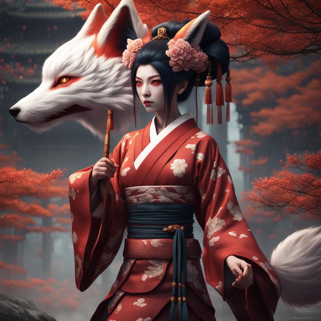 Nine-Tailed Fox Geisha in Detailed Fantasy Art