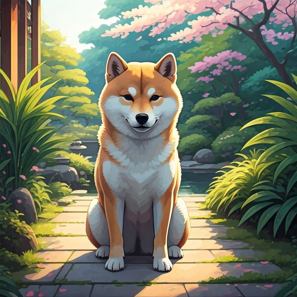 Shiba Inu in Japanese Garden, Watercolor Style
