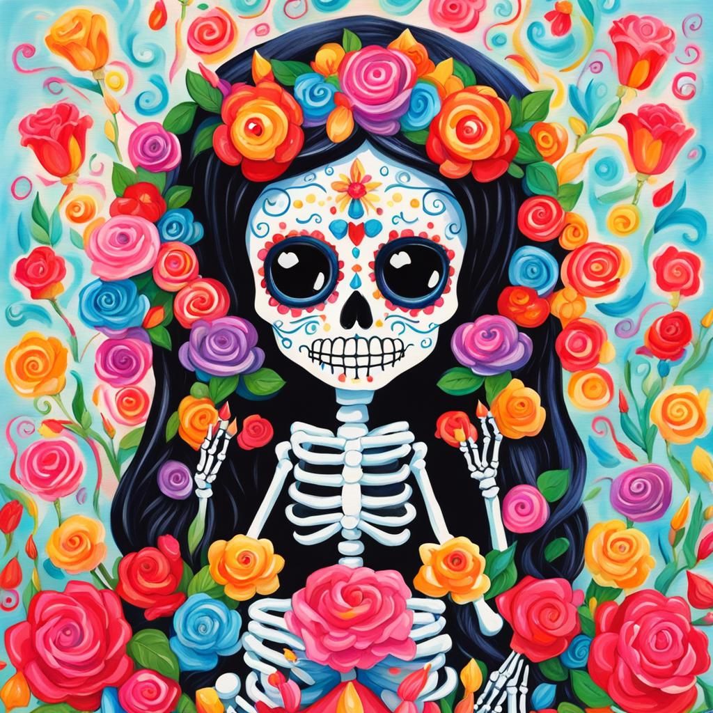 Virgin de Guadalupe Skeleton Doll with Flowers
