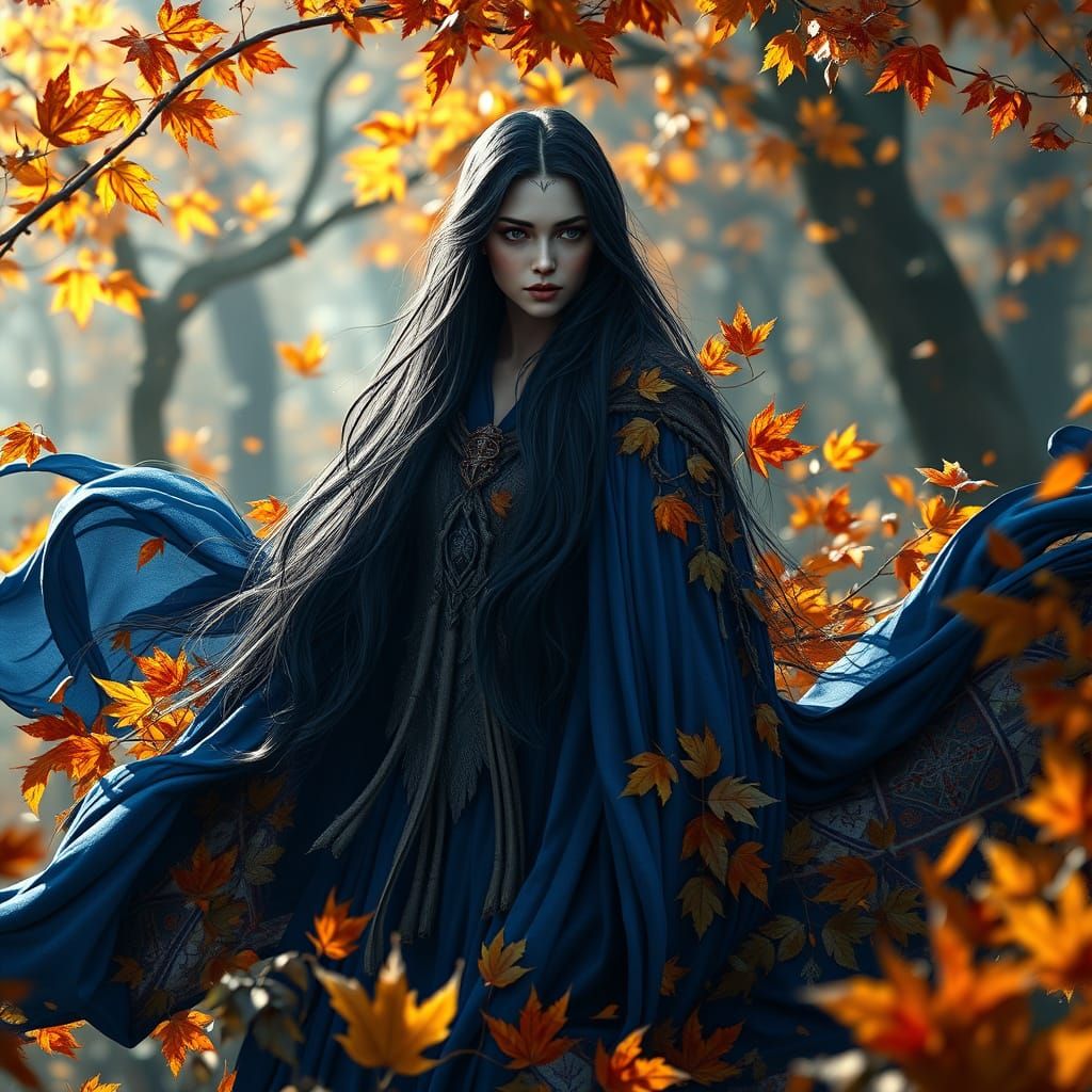 Ethereal Druidess Enveloped by Whirling Autumn Leaves in Sap...