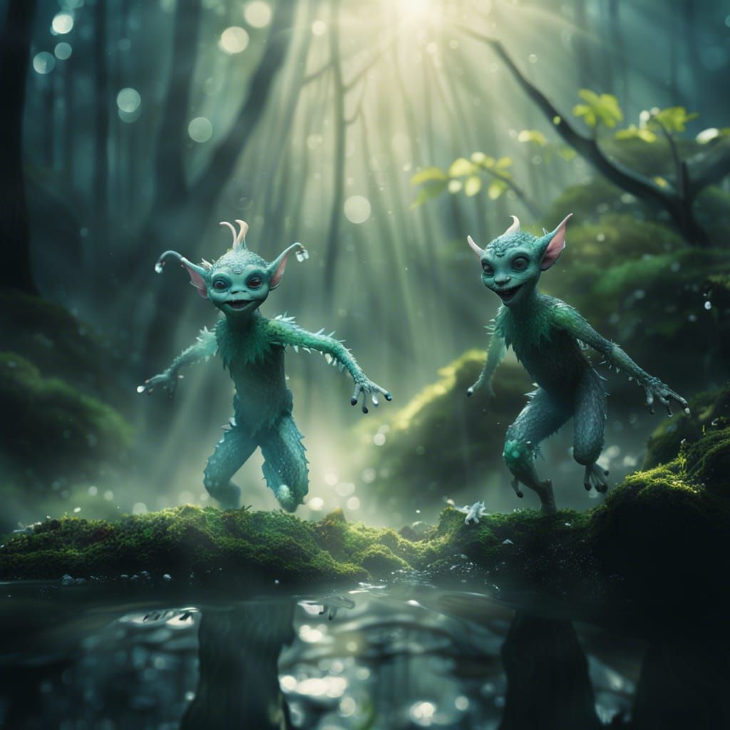 Playful Mythical Water Imps Dancing in Misty Rainforest