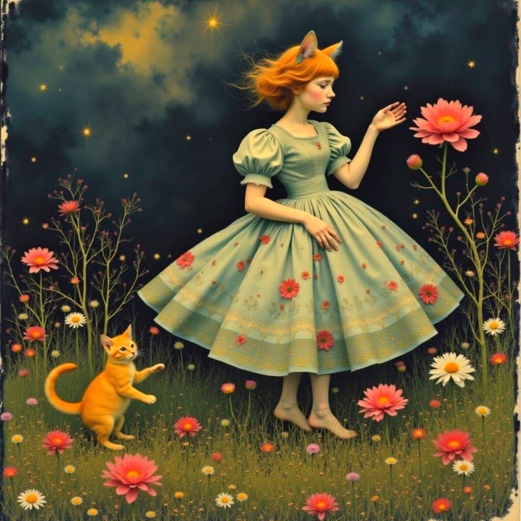 Whimsical Baroque Cats Dancing in Dreamlike Colors