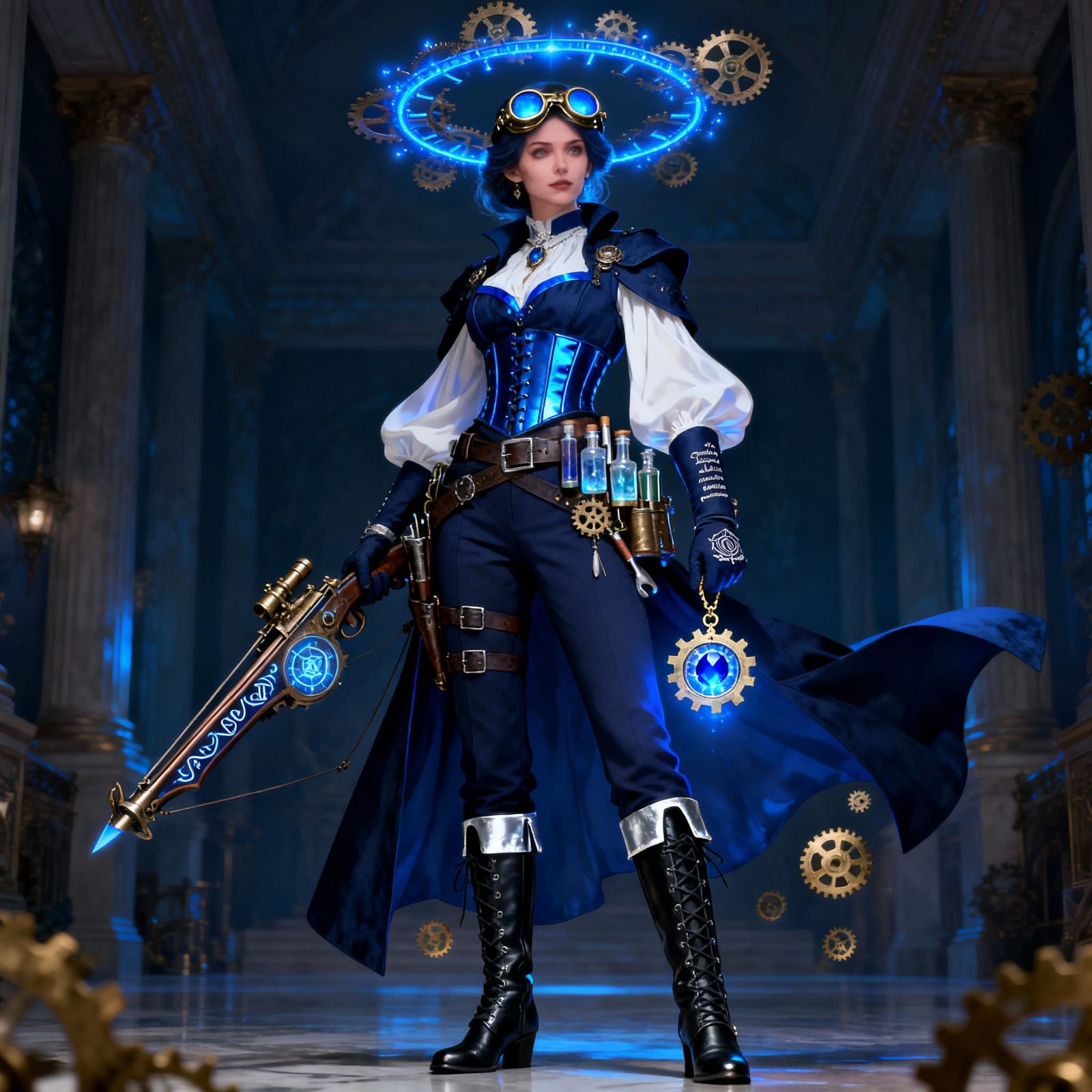 Regal Steampunk Artificer in Blue and Silver Attire
