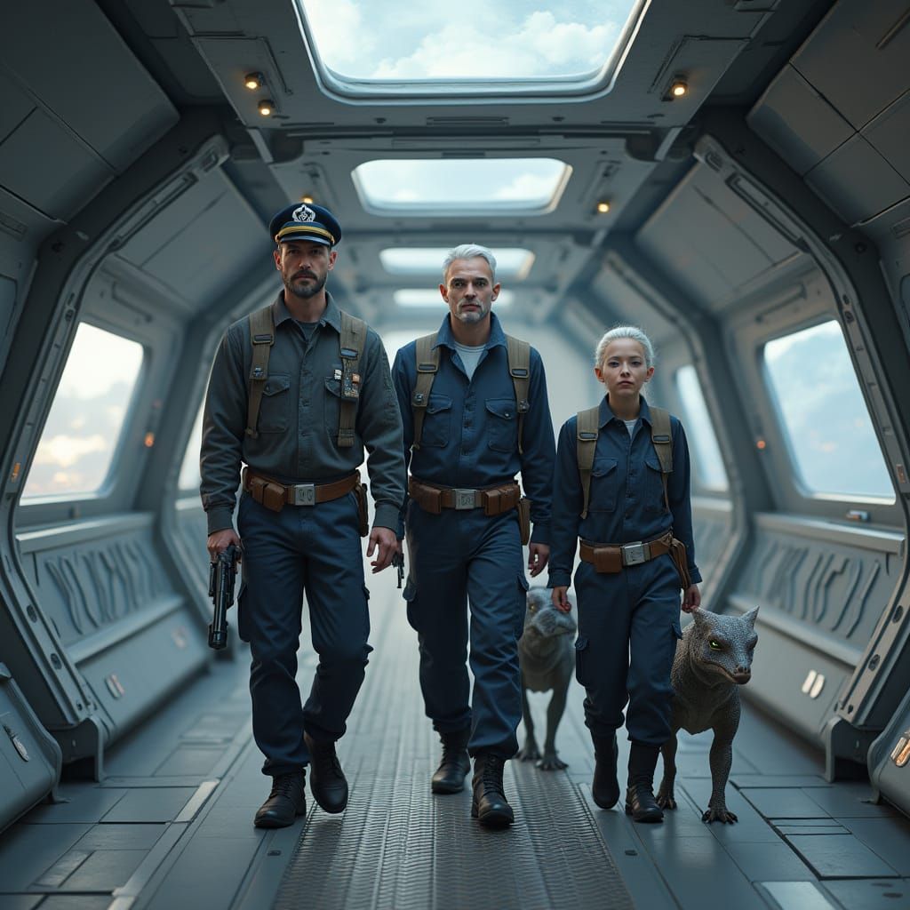 Sci-Fi Crew in Starship Corridor with Planet View
