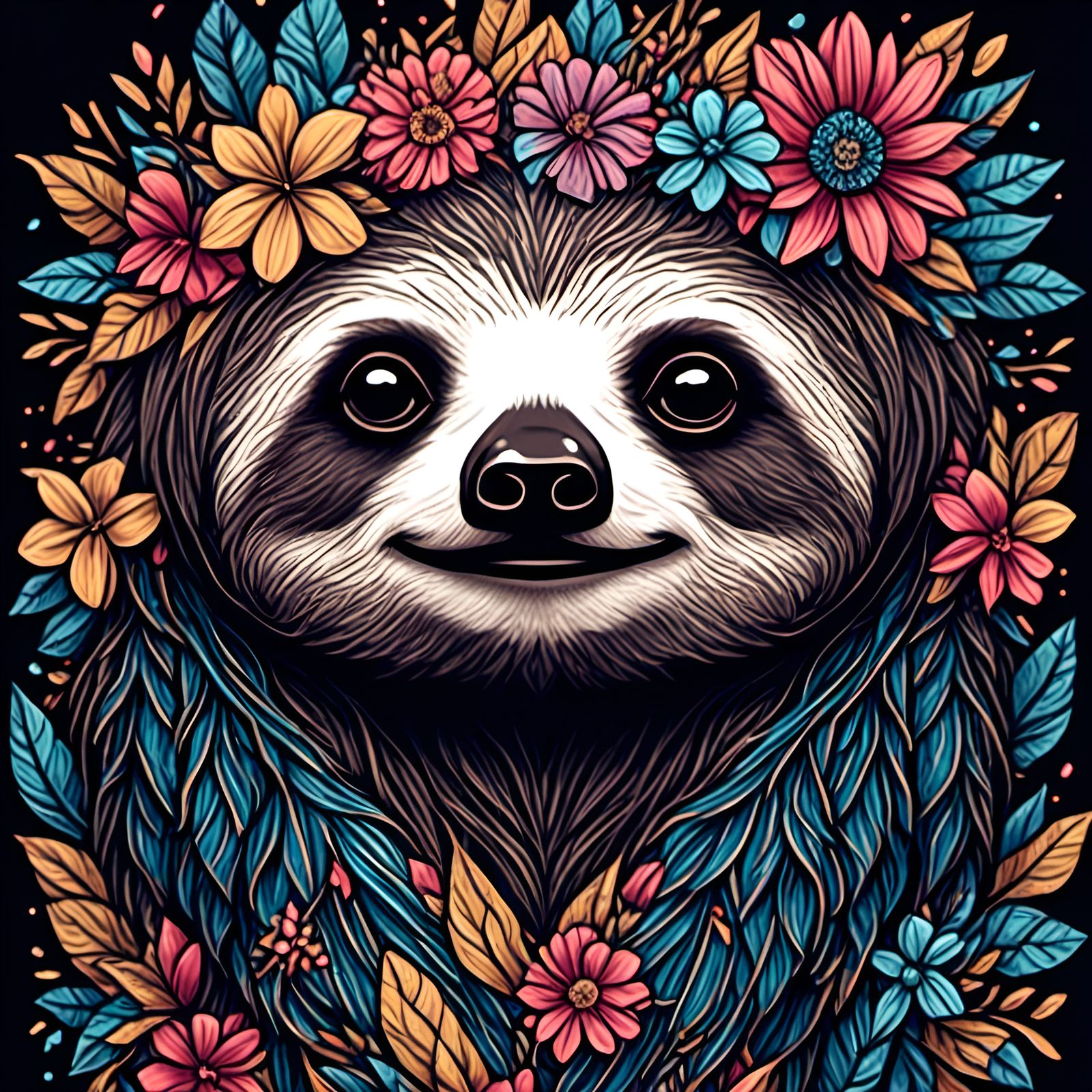 Sloth with Floral Crown: Mandala Line Art