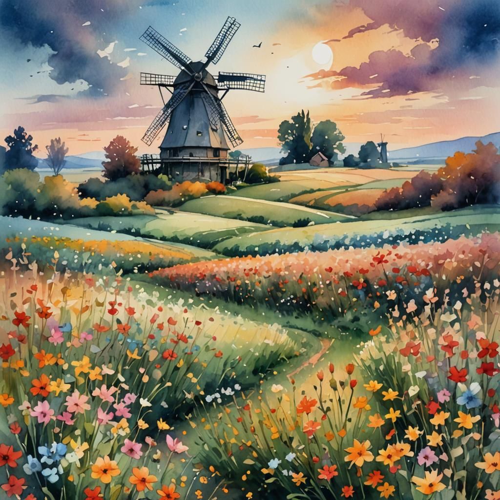Windmill in Flower Field: Watercolor Painting