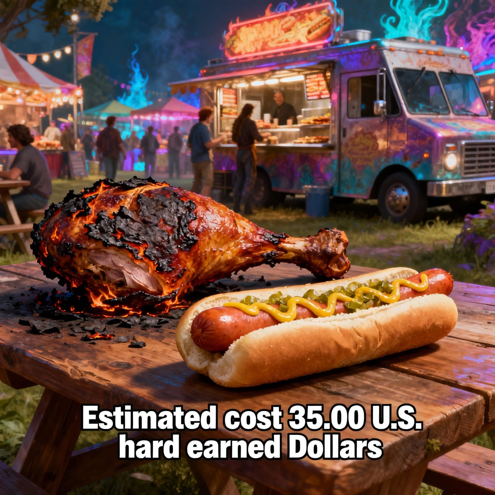 Went to the Food truck festival.  We got a burnt hard Turkey Leg. We also got a one foot long hot dog. It was very good....