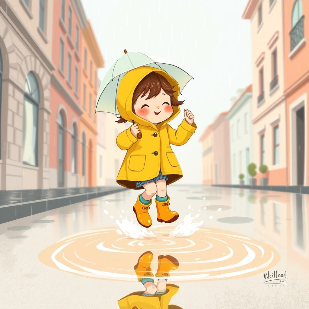 Whimsical Childhood Joy in a Rainy Day Scene