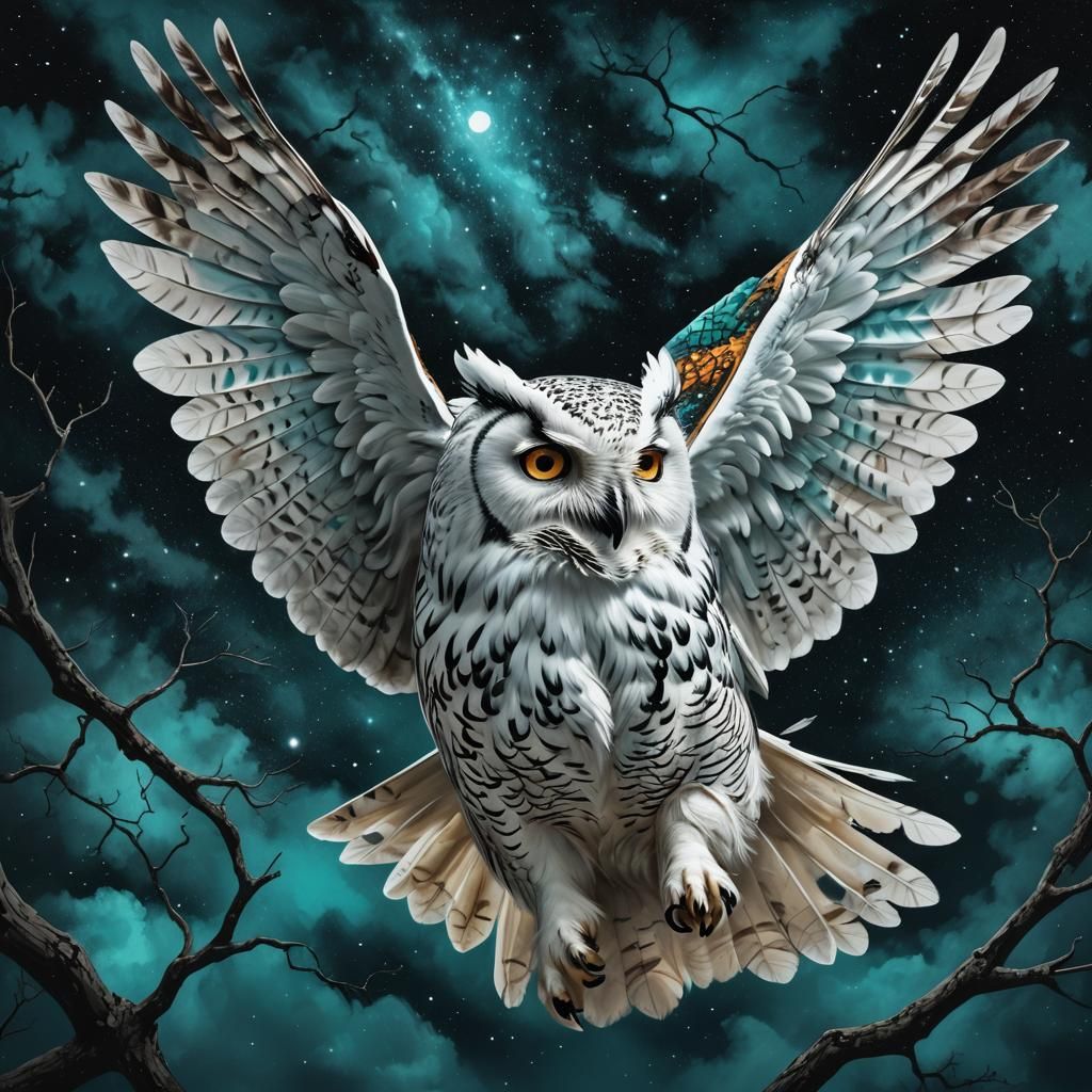 White Owl in Flight Against Night Sky