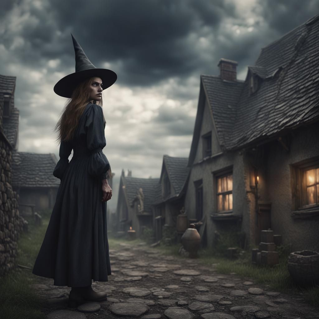 Witch Wandering Dark Village in Photorealistic Style