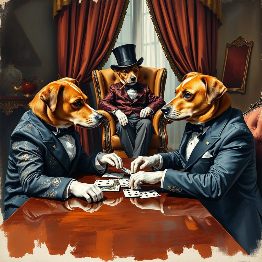 Dapper Canine Card Sharks in Opulent Setting
