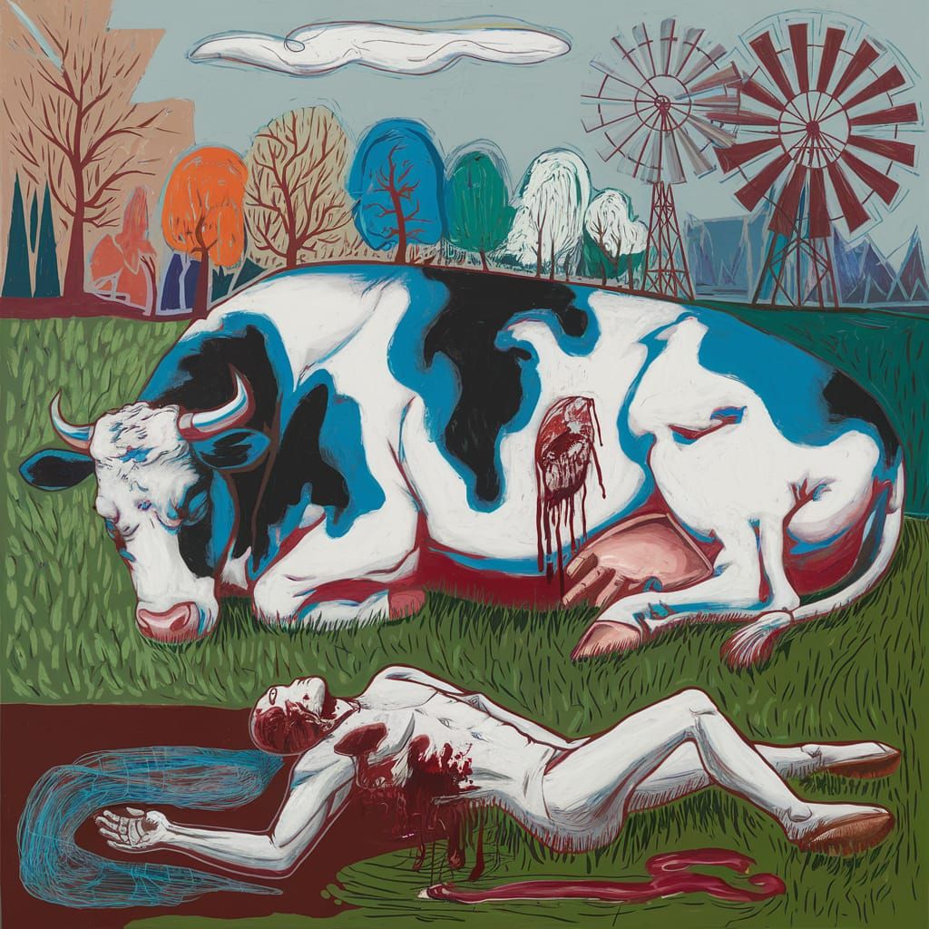 Abstract Mixed Media: Cow, Field, and Vampire