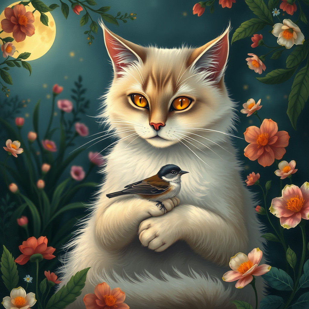 Cat Cradling Nightingale in Moonlit Garden
